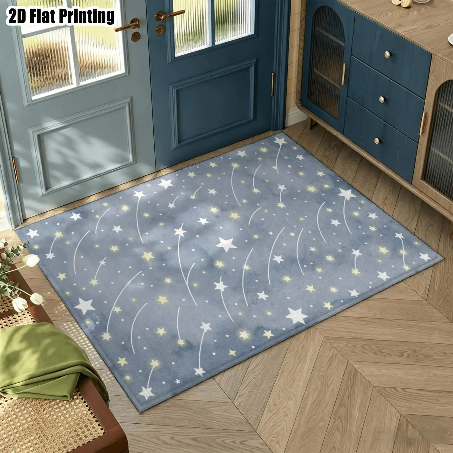 1Pc 2D Printed Grey-Blue Shooting Star & Star Pattern Nordic/Instagram Style Modern Minimalist Carpet, Machine Washable, Multi-Size, for Home Decor, Multi-Scene Use