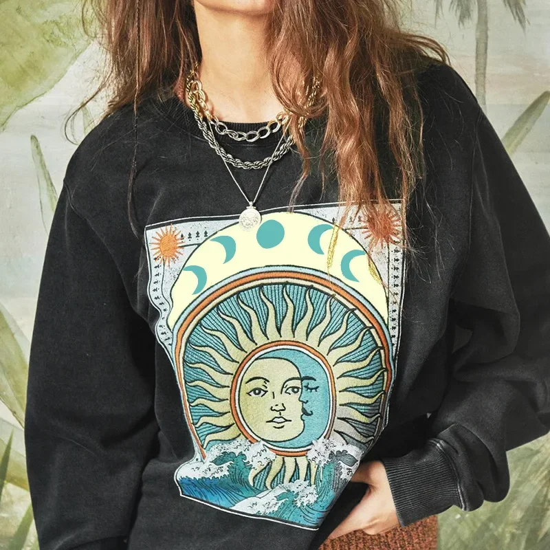 

Spring Autumn New Knitted Crew-neck Printed Long-sleeved Hoodie Women Loose Casual Jacket Women's Dress