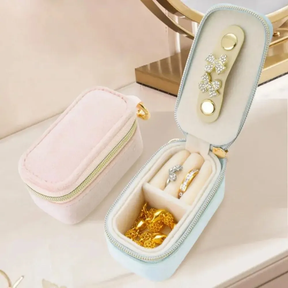 Portable Mini Size Jewelry Storage Box Velvet Material Zipper Closure Ring Box Hanging Candy Color Jewelry Case Travel Use