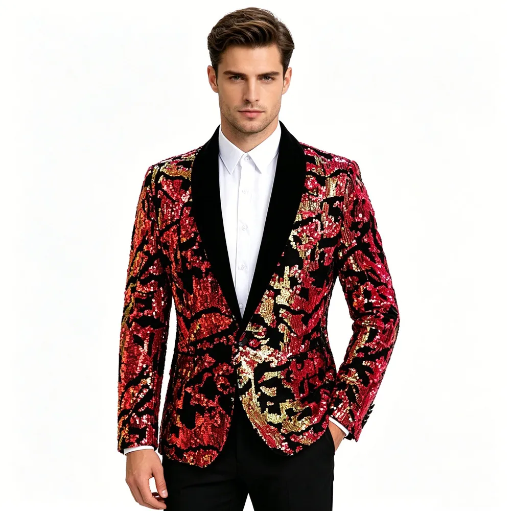 Men's Slim Fit Velvet Sequins Suit Jacket Shawl Collar Prom Evening Celebration Blazer for Singer Host Stage Performance