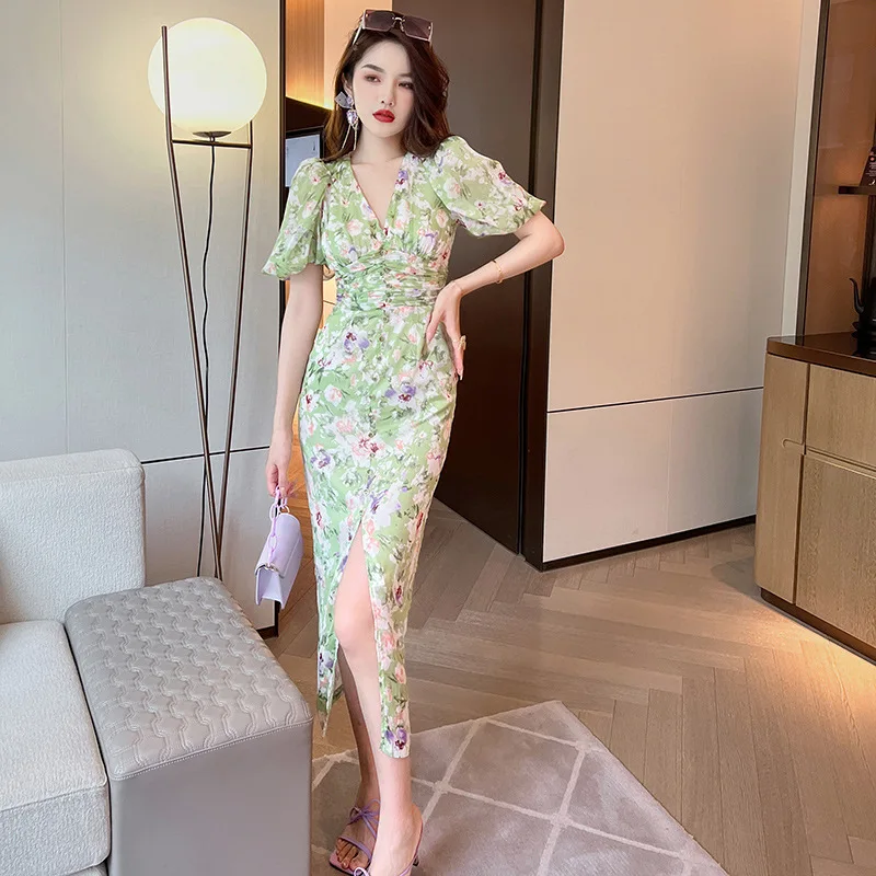 夏の新作レディース優しい風バブルスリーブグリーン花柄ワンピース初恋甘いロングスカート