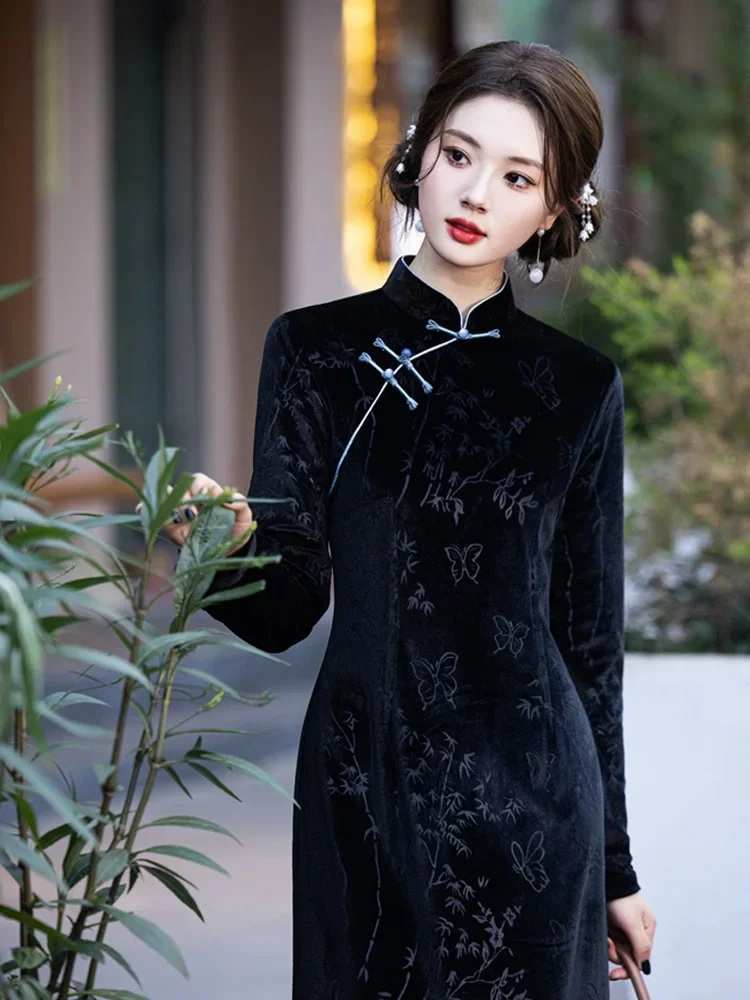 

Новое черное платье Cheongsam 2024, улучшенное молодежное платье с длинными рукавами, новое китайское женское осеннее платье Ципао