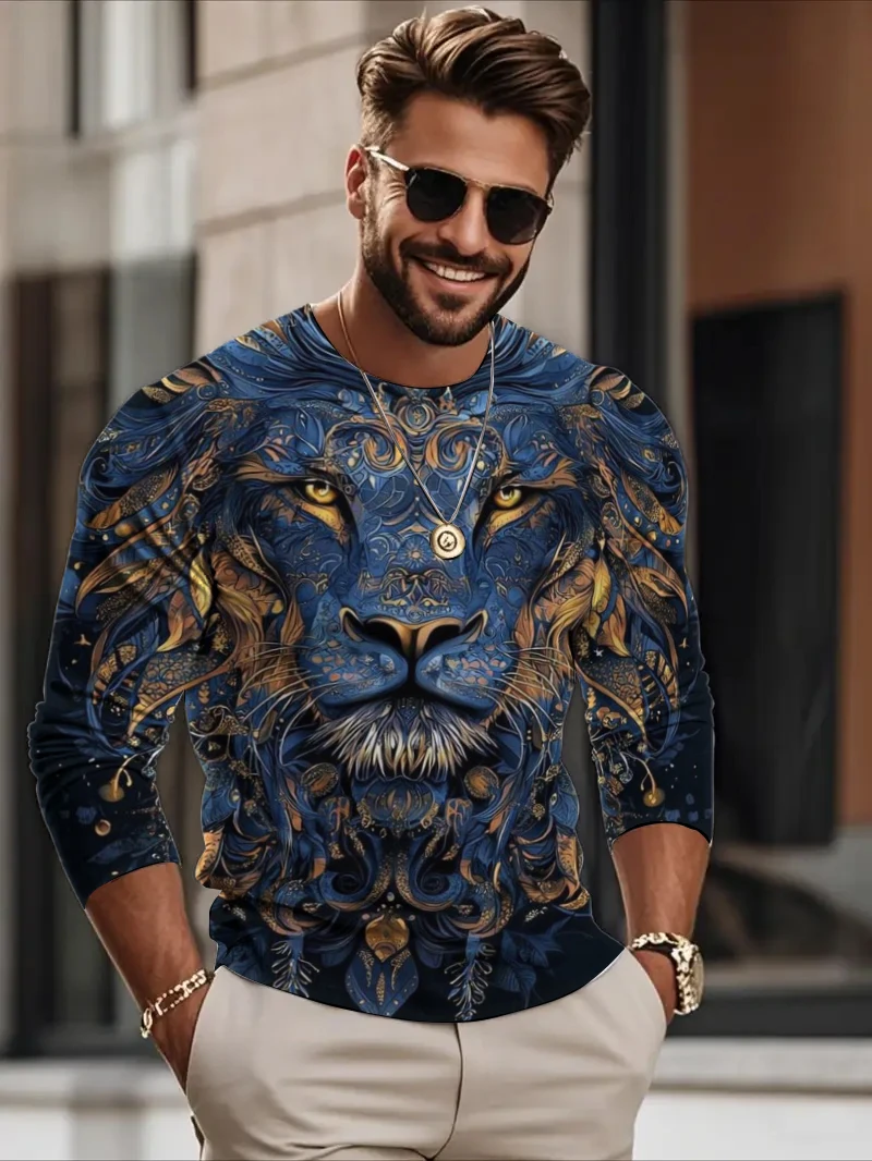 

3D Print Animal Lion Graphic Men's T-Shirt Vintage Cool Fashion Street Round Neck Long Sleeve Tees Oversize Creative Design Tops