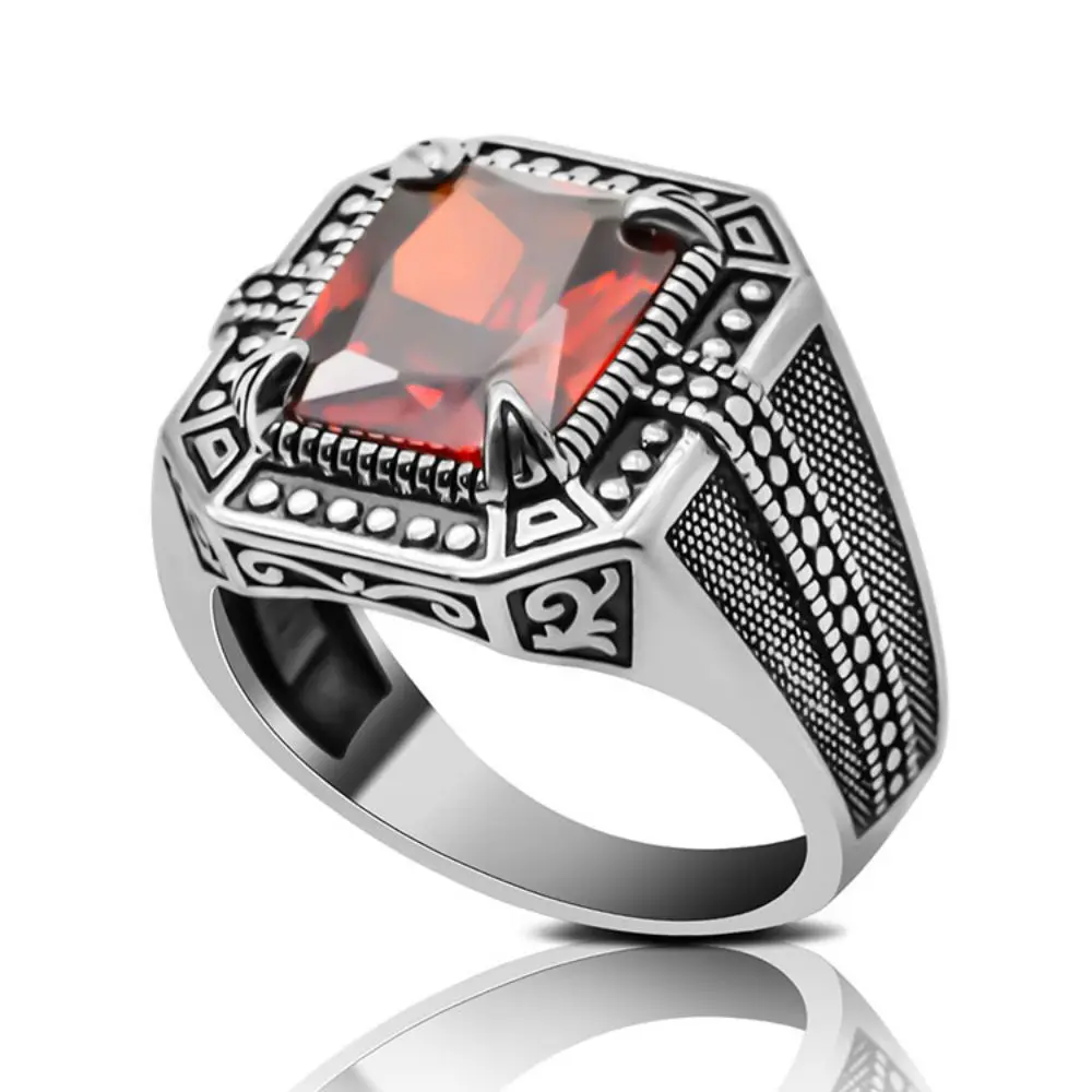 

Central Know 925 Sterling Silver Made rings Men Vintage Big Red Cubic Zirconia Stone Handmade islamic Silver Man Hand ring