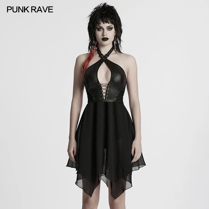 

PUNK RAVE Women's Punk Chiffon Hem Graceful Halter Neck Dress Gothic Daily Sexy Large Hollow Chest Party Dark Dresses