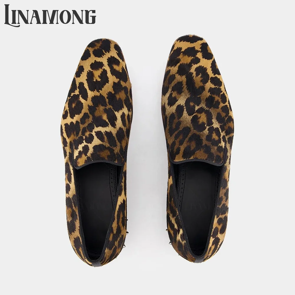 Leopard Print Studded Heel Loafers Punk Style Dress Shoes for Men Satin Designer Handicrafted Slip on Elegant Shoes for Banquet