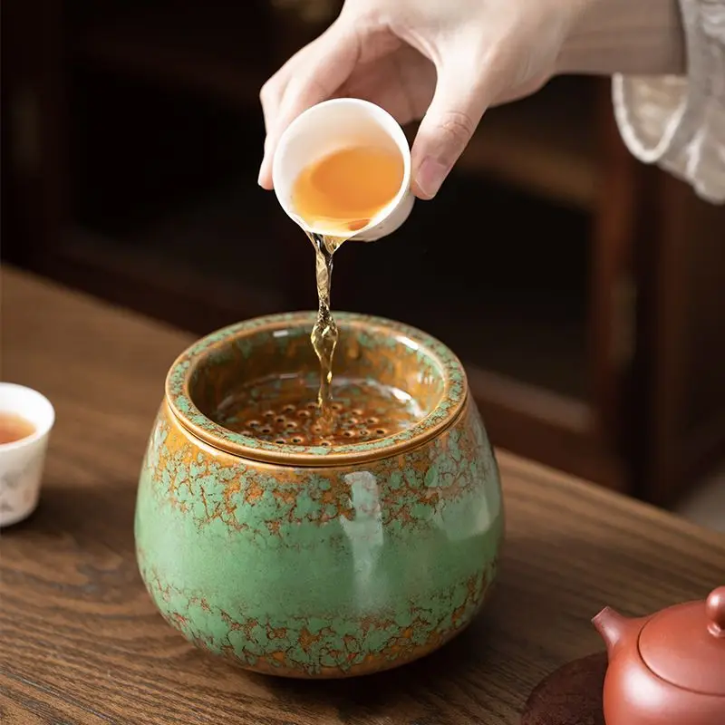 Kiln Change Green Glaze Premium Ceramic Large Tea Residue Bowl Tea Water Separation Tea Rinse Basin for Gongfu Tea