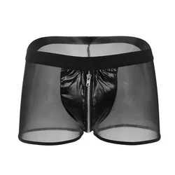 PU Leather + Sheer Mesh Nylon Zipper Boxers Men Sexy Fun Underwear Soft Flat Corner Pants Ice Silk Transparent Trunk Shorts