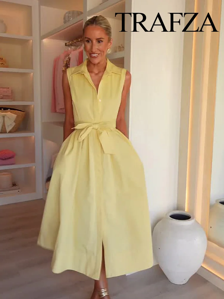 

TRAFZA Woman Chic Pockets Sleeveless Solid Lapel Dress Women Elegant Single-breasted Pleated Belt Shirt Style Summer Midi Dress