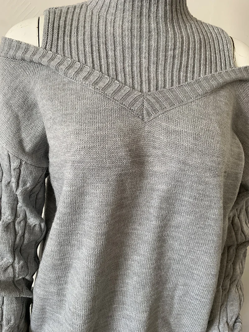 Turtleneck Knitted Sweater Women Off Shoulder Pullovers Autumn Winter Warm Thick Warm Jumpers Gray Hollow Out Y2k E-girl Jumper