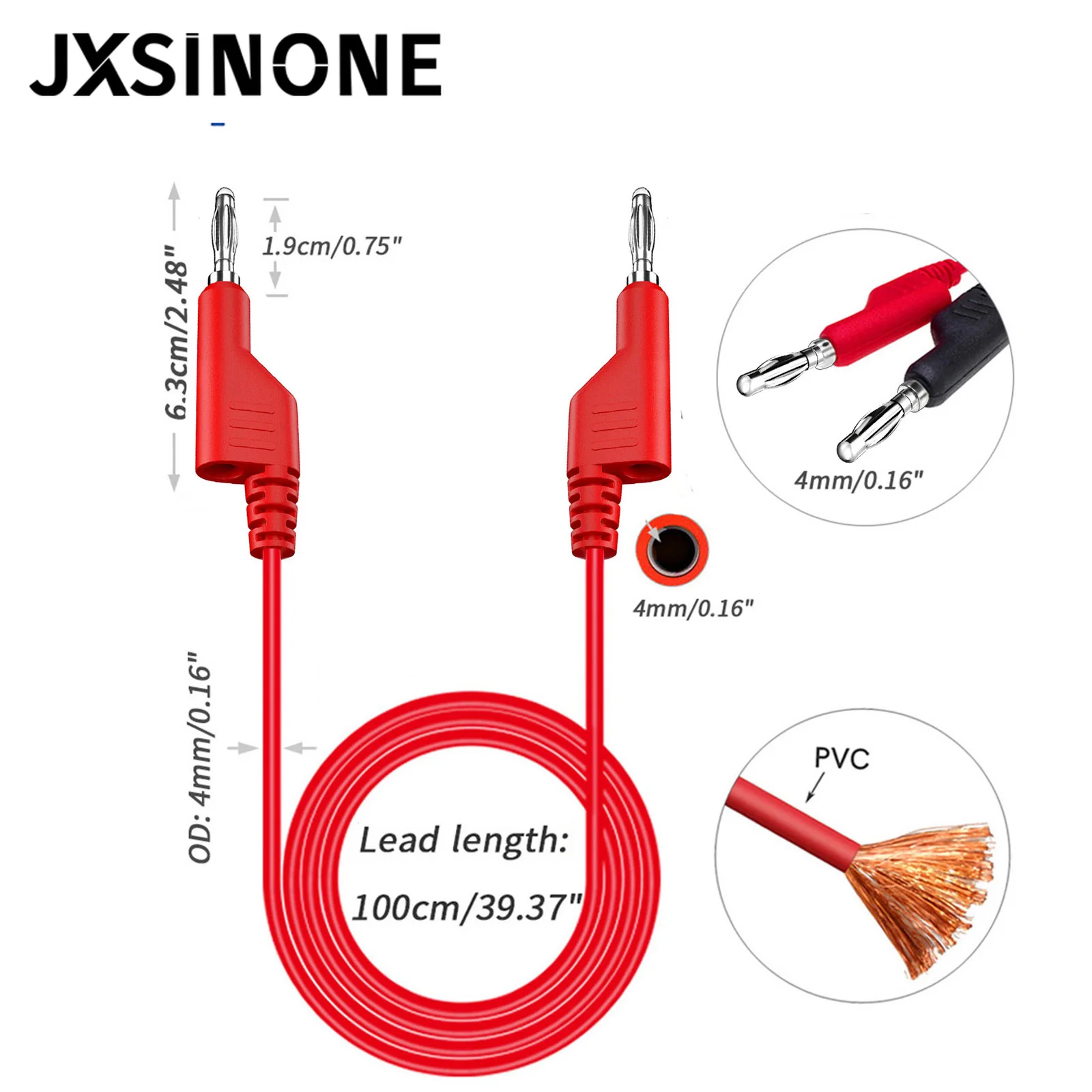 JXSINONE P1036 2PCS Dual 4mm Stackable Banana Plug Multimeter Test Leads 1m Electrical Test Cables Red/Black 1000V 15A