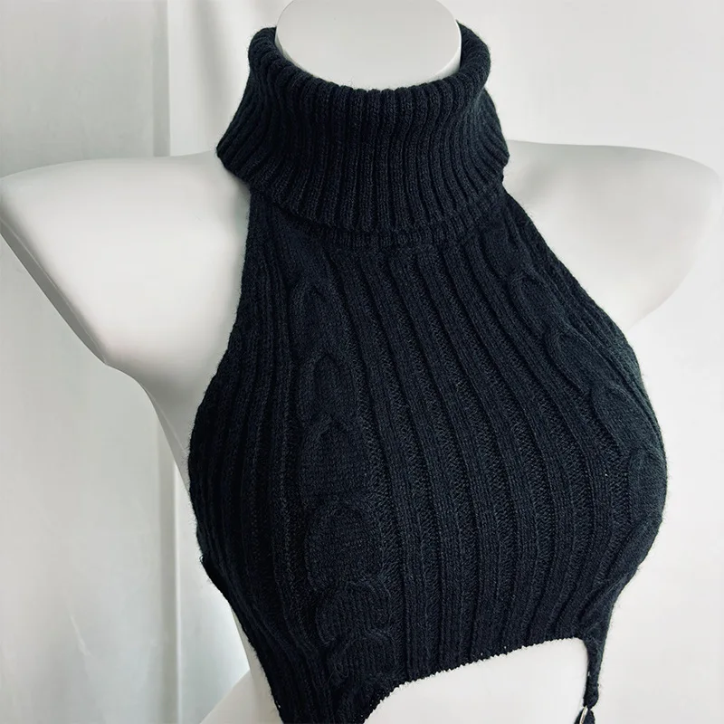 AniLV Cat Woman Black Turtleneck Sweater Outfit Uniform Cosplay Anime Backless Garter Stocking Knit Clothes Costume