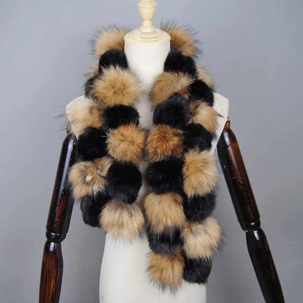 Marca de luxo Mulheres Inverno Natural Real Raccoon Fur Scarf Moda Senhora Quente Genuine Fox Fur Lenço Real Fox Fur Anel Lenços