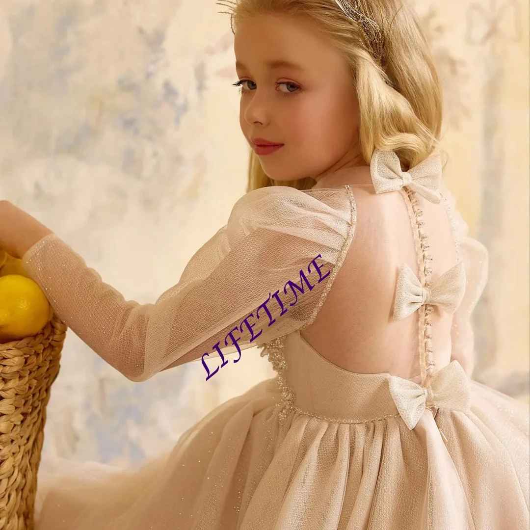 Customized Beige Sequin Flower Girl Dress Long Sleeve Embroidered Wedding Gown for First Christmas Party Formal Occasion Dress