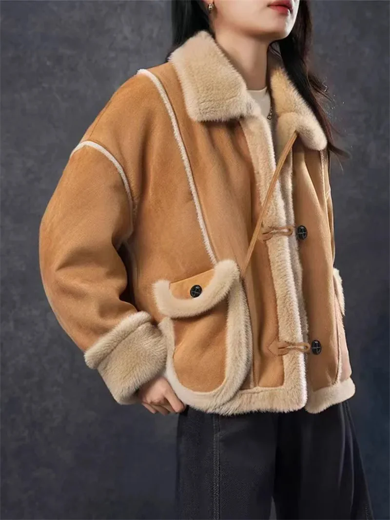 

Small And Fluffy Patchwork Design, Hickened Motorcycle Suit For Women In Winter, New Woman Ioose Casual Stand Up Collar Blue Jac