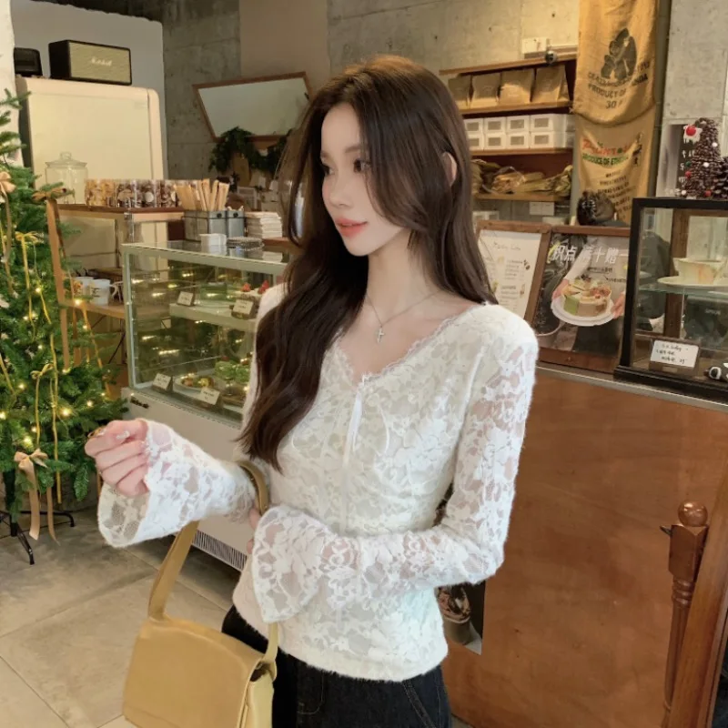 Winter Damen Fce gefütterte bestickte Spitze irt V Ne Fliege Slim Fit Pure Desire Design Sense Top Knot