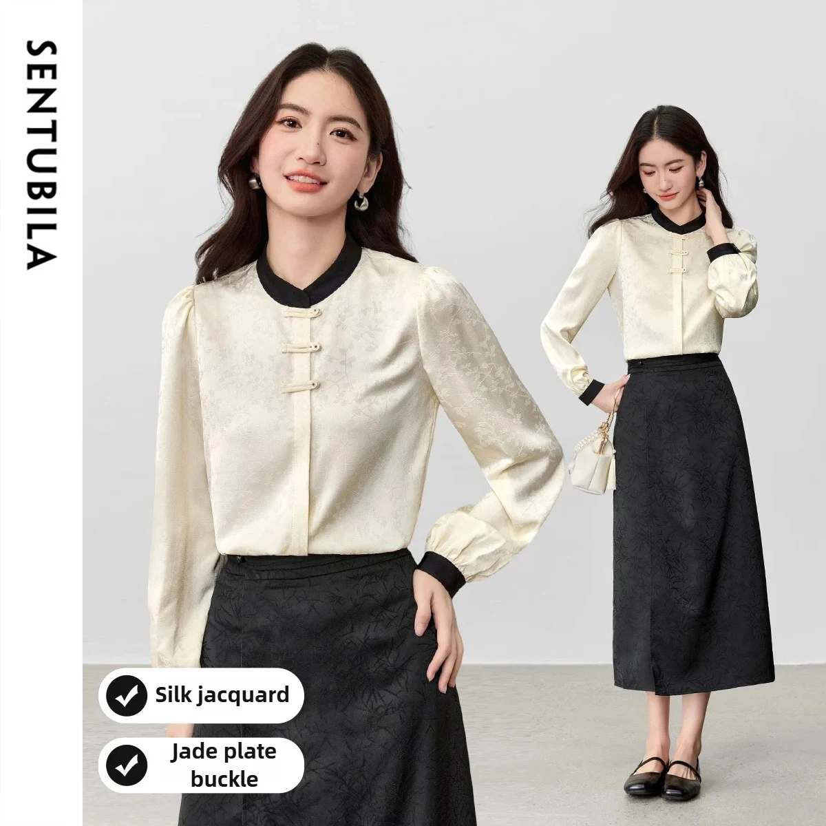 

SENTUBILA Chinese-style Satin Shirt Women's 2025 Autumn New Contrasting Color Blouses Frog Buttons Jacquard Shirts 153CC2853