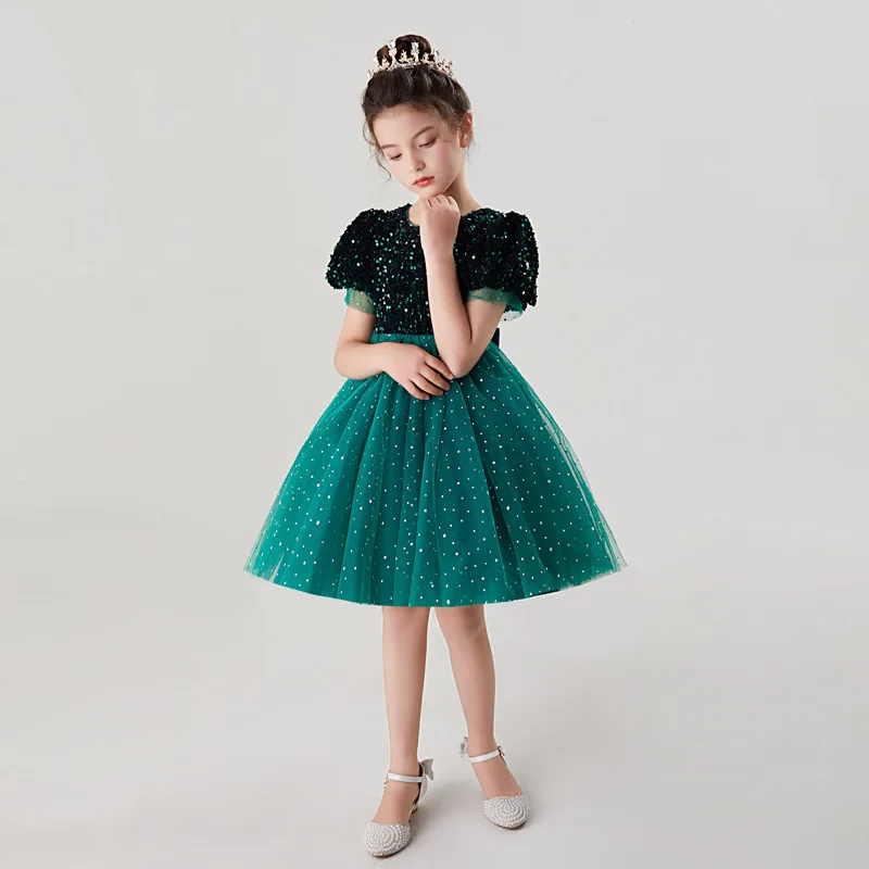 Green Sequined Junior Bridesmaid Knee Length Dress for Birthday Ceremonies  Red Wedding Party Tulle Princess Gown Size 4-14