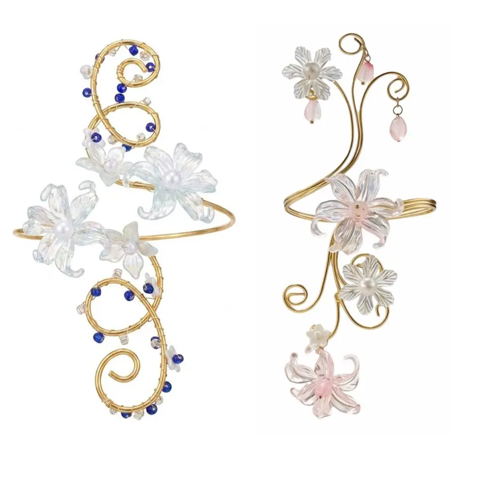 Adjustable Upper Arm Cuff Bracelet Iris Flower Design Pearl Flower Accent Open Arm Bangle Lightweight Hollow Out