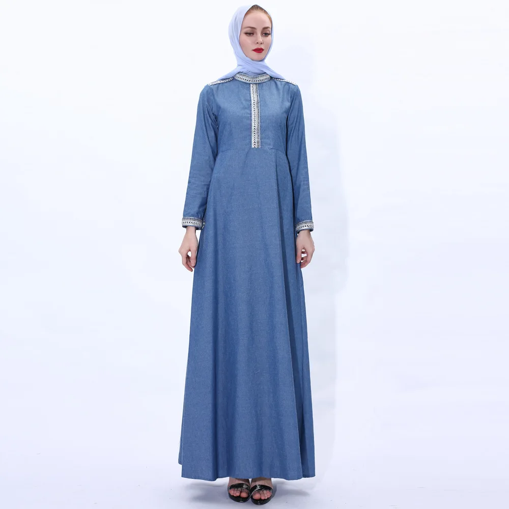 New Women Denim Long Maxi Dress Abaya Muslim Dubai Kaftan Islamic Robe Turkish Caftan Vintage Party Gown Marocain Jubah Clothing