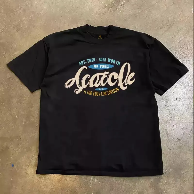 Unisex Vintage Script Letter Graphic T‑Shirt Men Women Retro American Curved Text Art Print Tee 100% Cotton Loose Casual Streetwear Short Sleeve T Shirt.