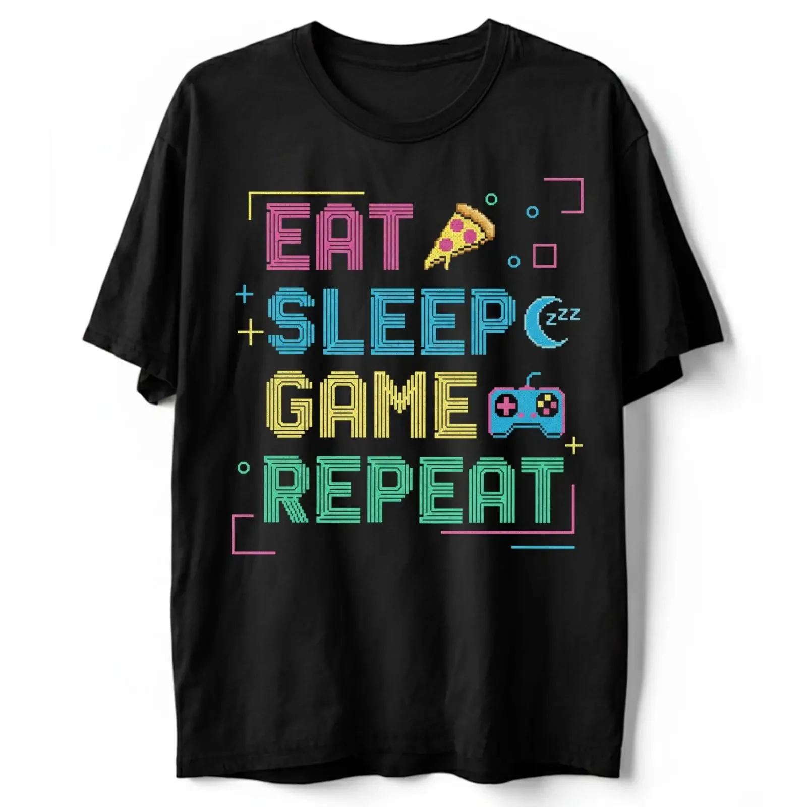 Eat Sleep Game Repeat T Shirt Funny Gamer Pizza Video Games Retro Pixel Art  vintage Washed Stretched Top For Everyday Wear