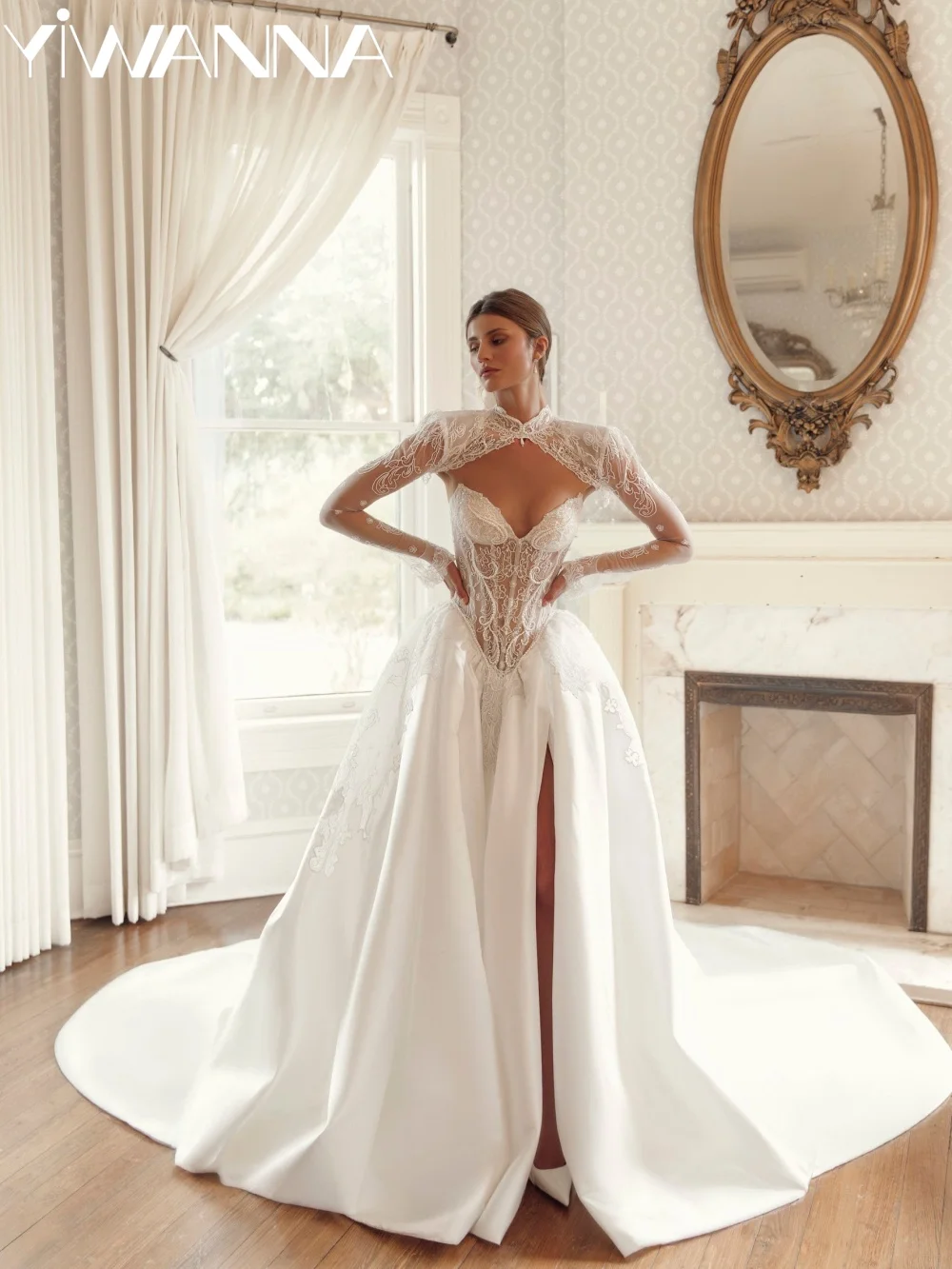 Shinny Pearls Detachable Sleeve Wedding Dress Glamorous Deep V Lace Appliques Bridal Gown Customized Satin Dresses For Bride