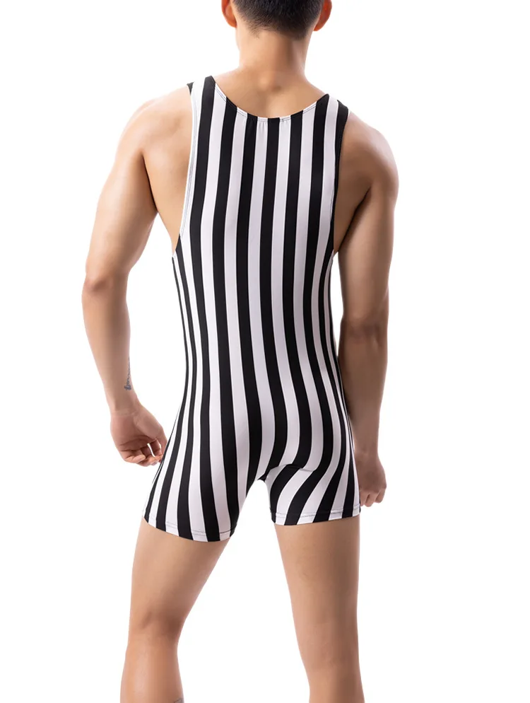 Sexy Men Striped Slim Body Bodybuilding Undershirts Corset  Bodysuit One Piece Sheer Underwear Romper Sexy Fitness Shapewear