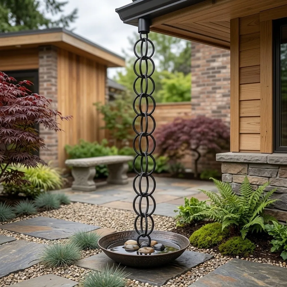 Decorative Iron Rain Chain Designed for Efficient Rainwater Flow from Gutters to Ground in Garden and Patio Settings