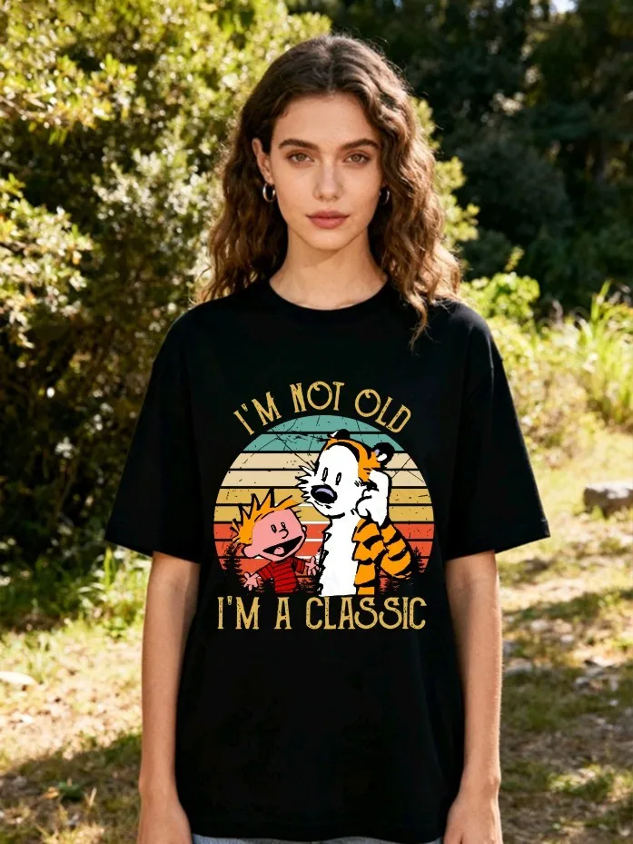 Calvin and Hobbs Tiger Hug Printed T-shirt American Retro Comic Men's and Women's Short Sleeve Shirt