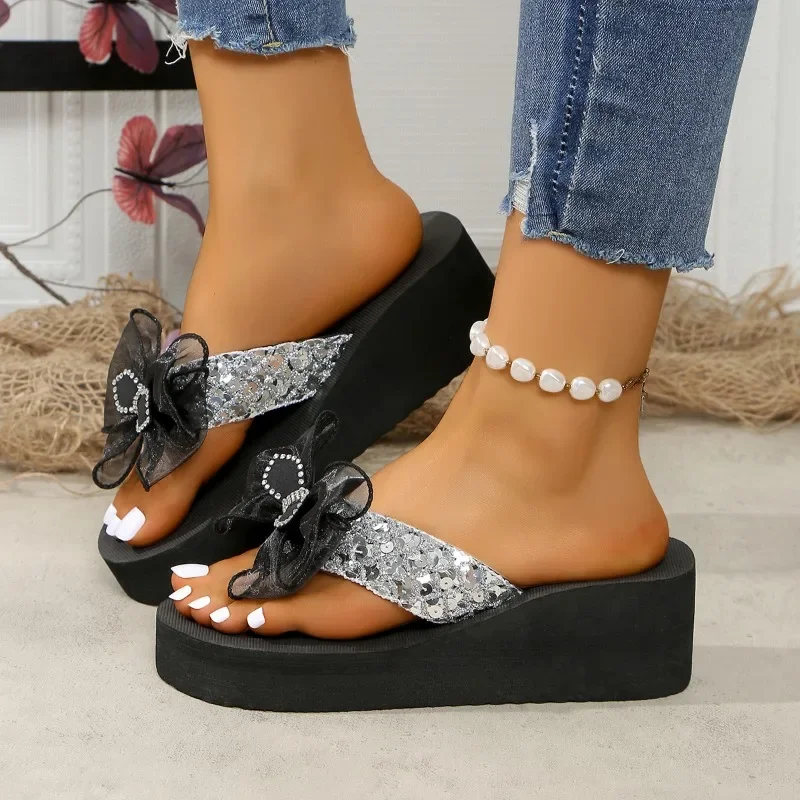 

Shoes Female 2025 Flip Flops Women's Slippers Plus Size Casual Sandals Women Round Toe Platform Wedges Bow Tie Women's Sandals