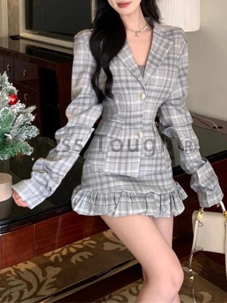 Inverno moda Vintage due pezzi set donna Chic Plaid Coat + Slim minigonna nuovo Design coreano Casual abiti retrò autunno 2024