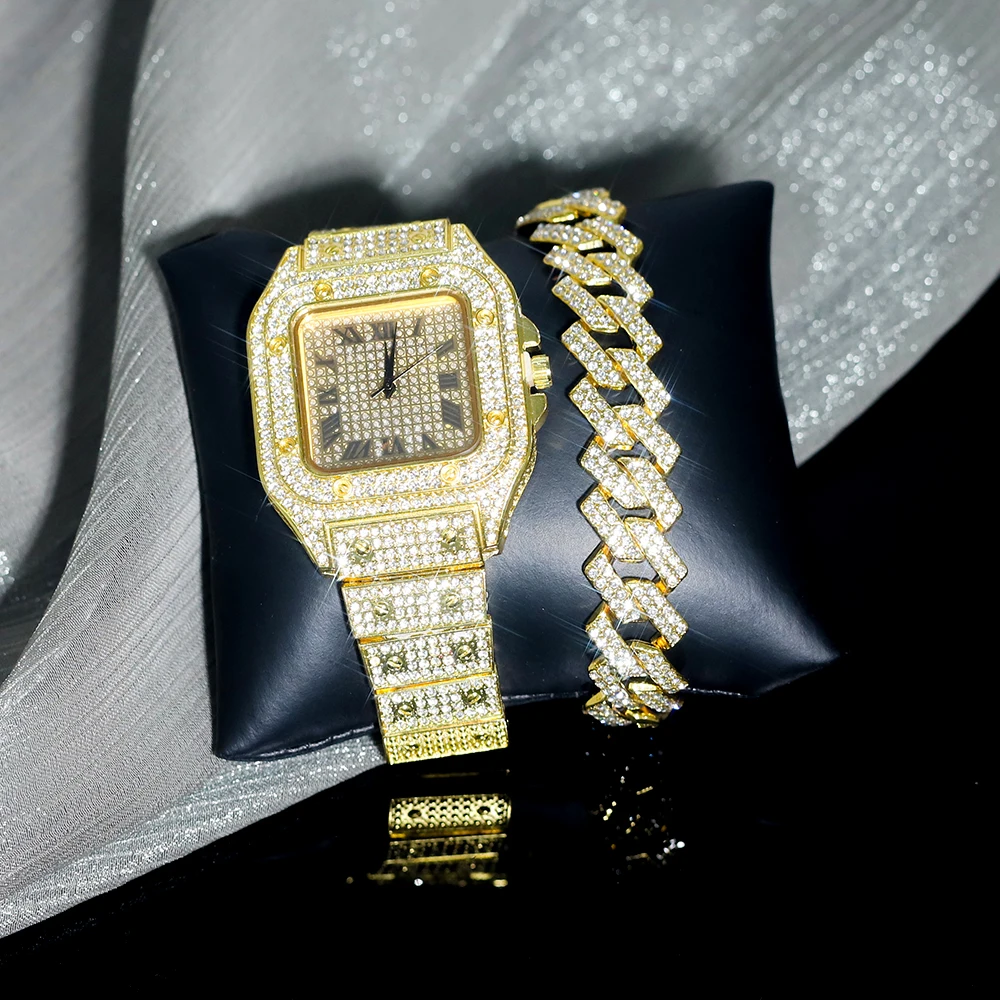 Iced Out Bracelet+Watch Set High Quaility Miami Cuban Chain Exquisite Jewelry Hip Pop Street Style For Men Women Daily Wear