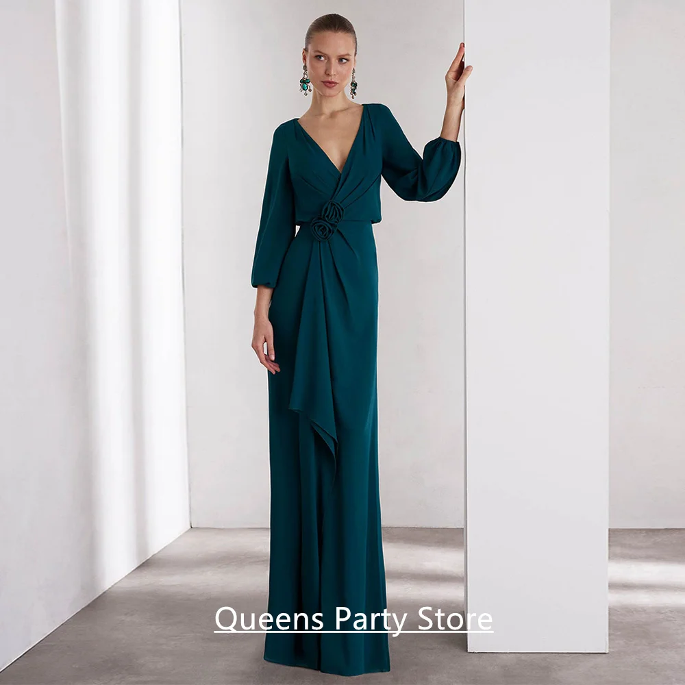 

Dark Green Mother Of The Bride Dress Customized V Neck Long Sleeves Pleat Flowers Floor Length Wedding Guest Party Gown