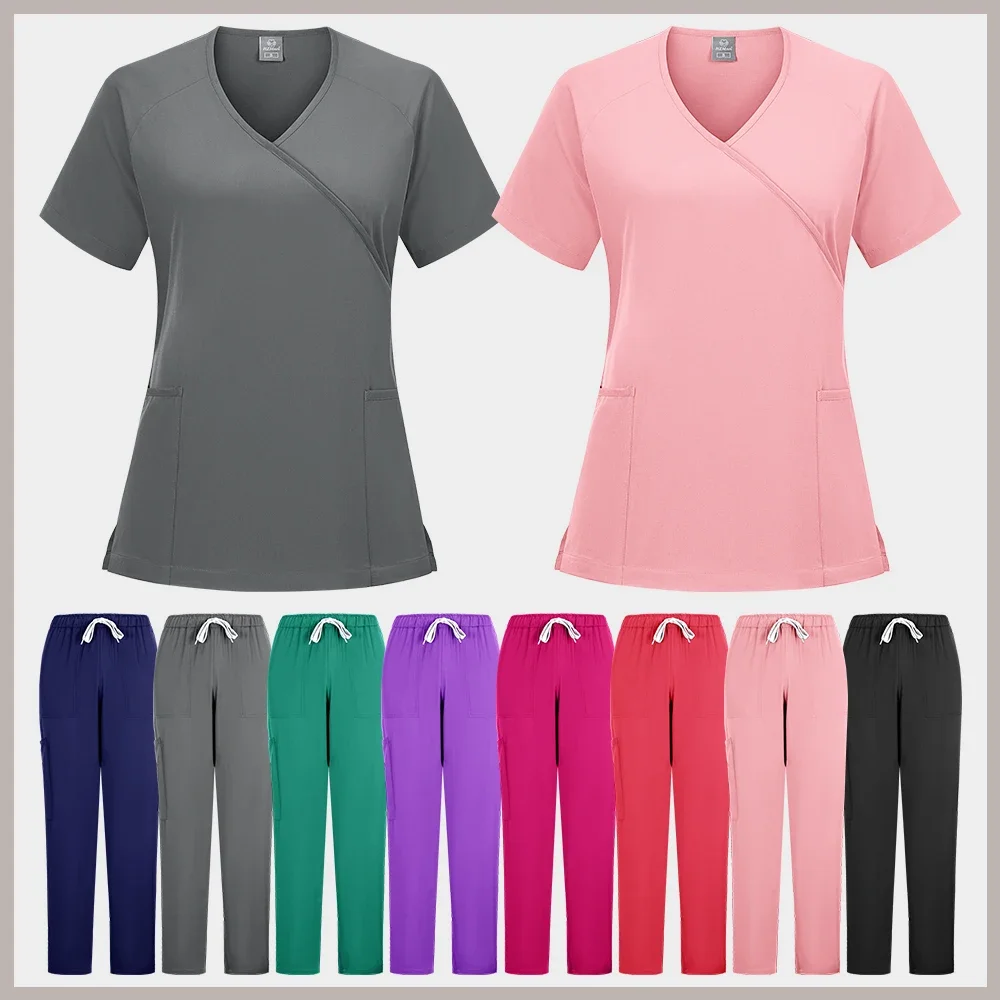 

High-quality fashion nurse scrub set, short-sleeve V-neck top + pants, female multi-color pet hospital medical work uniform