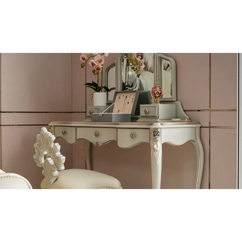 Französischer Massivholz-Schminktisch im Luxus-Ins-Stil mit Stauraum, Schminkspiegel und Hocker-Kombination, Europäischer Schminktisch