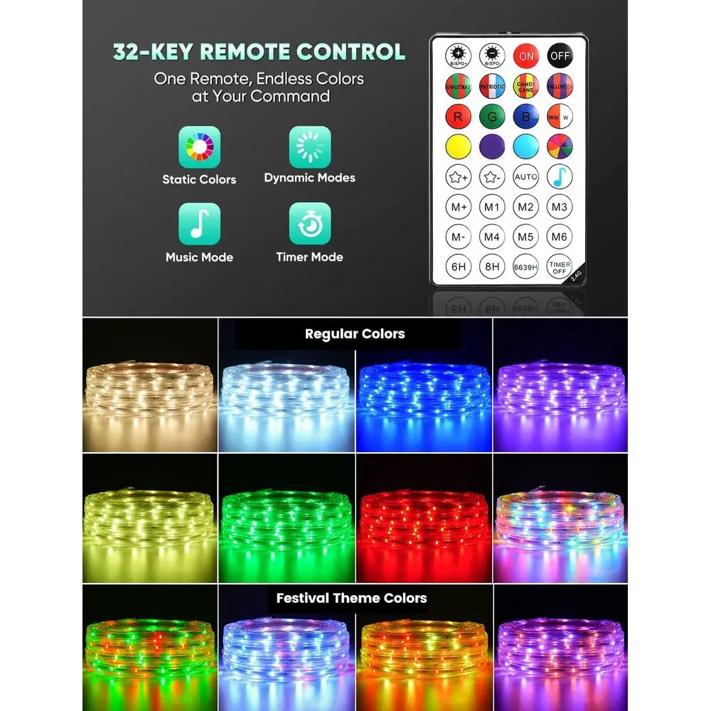 شريط أضواء LED مقاوم للماء بطول 33 قدمًا RGB+IC+CCT، مطاردة الألوان الخارجية للمهرجانات، IP65 قابل للتعتيم، مناسب لعيد الميلاد والهالوين