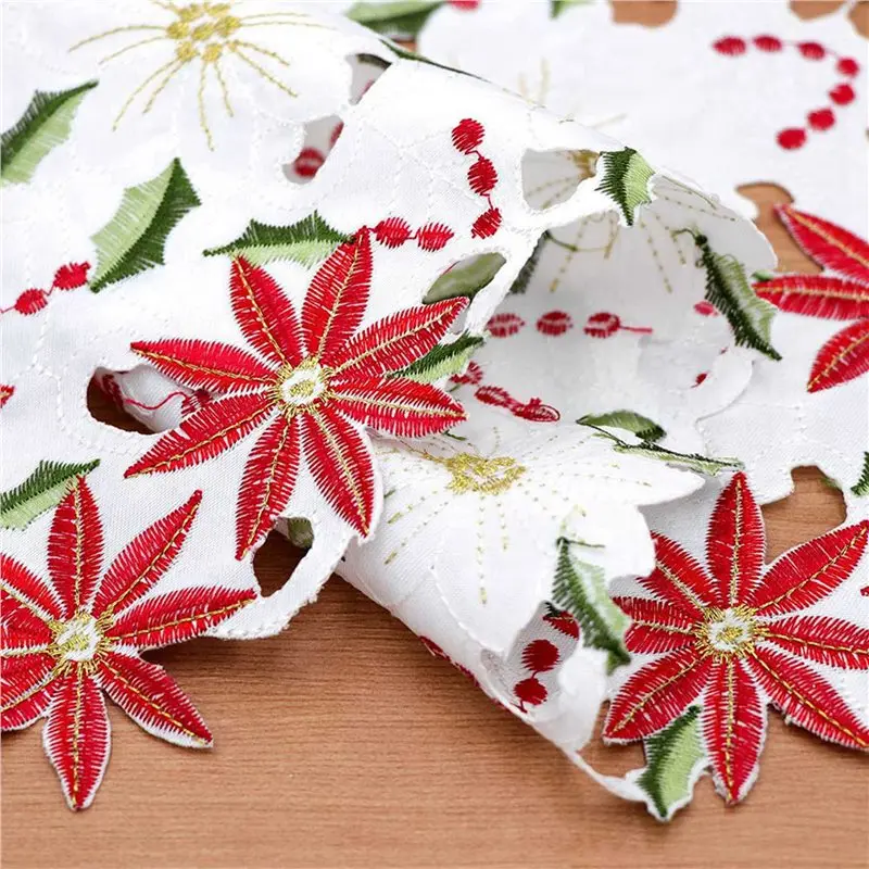 ABAE-Placemats Set Of 12 Embroidered Christmas Poinsettia & Holly Design, 11X17 Inch Christmas Table Decor