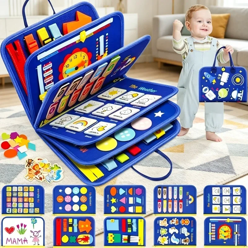 

Развивающая сенсорная доска Монтессори для развития мелкой моторики, игрушка для путешествий и обучения, подарок для мальчиков и девочек, синий полиэстер