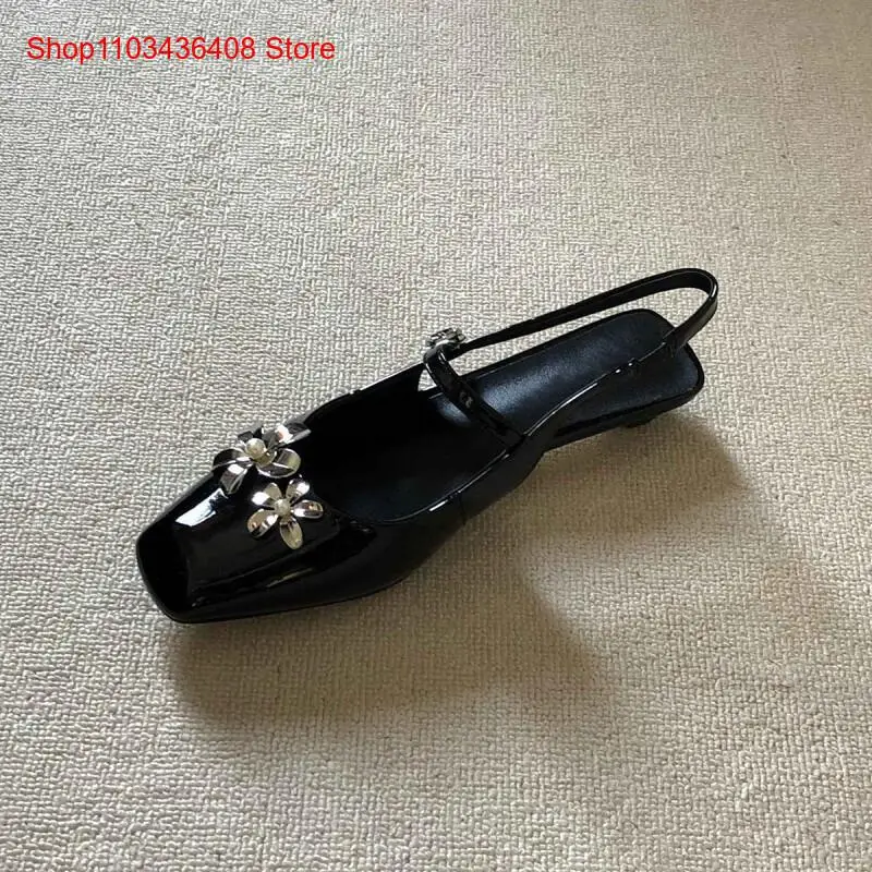 French flower rhinestone toe half drag women's low-heeled flat-strap black sandals with empty back
