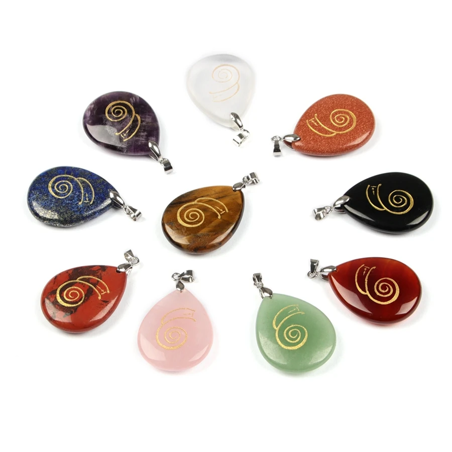 Natural Gemstone Engrave Japanese Religion DAI KO MYO Reiki Symbol Water-drop Pendant Necklace Healing Energy Stone Jewelry