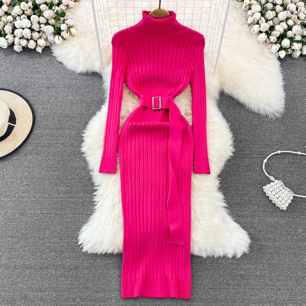 Chic Elegant Turtleneck Long Sleeve Bodycon Dress with Belt Sexy Fashion Knit Vestido Slim Autumn Winter Pencil Sweater Robe