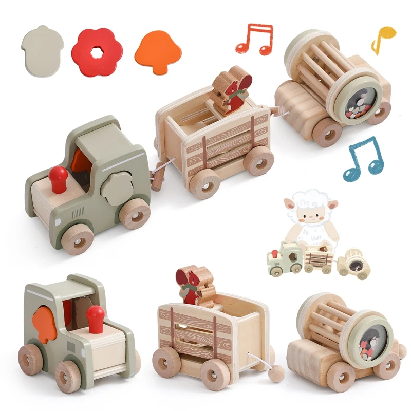 Wooden Train Set Montessori Sensory Education Game Baby Assembled Animal Train Rattle Multi-functional Toys Music Toys Baby Gift