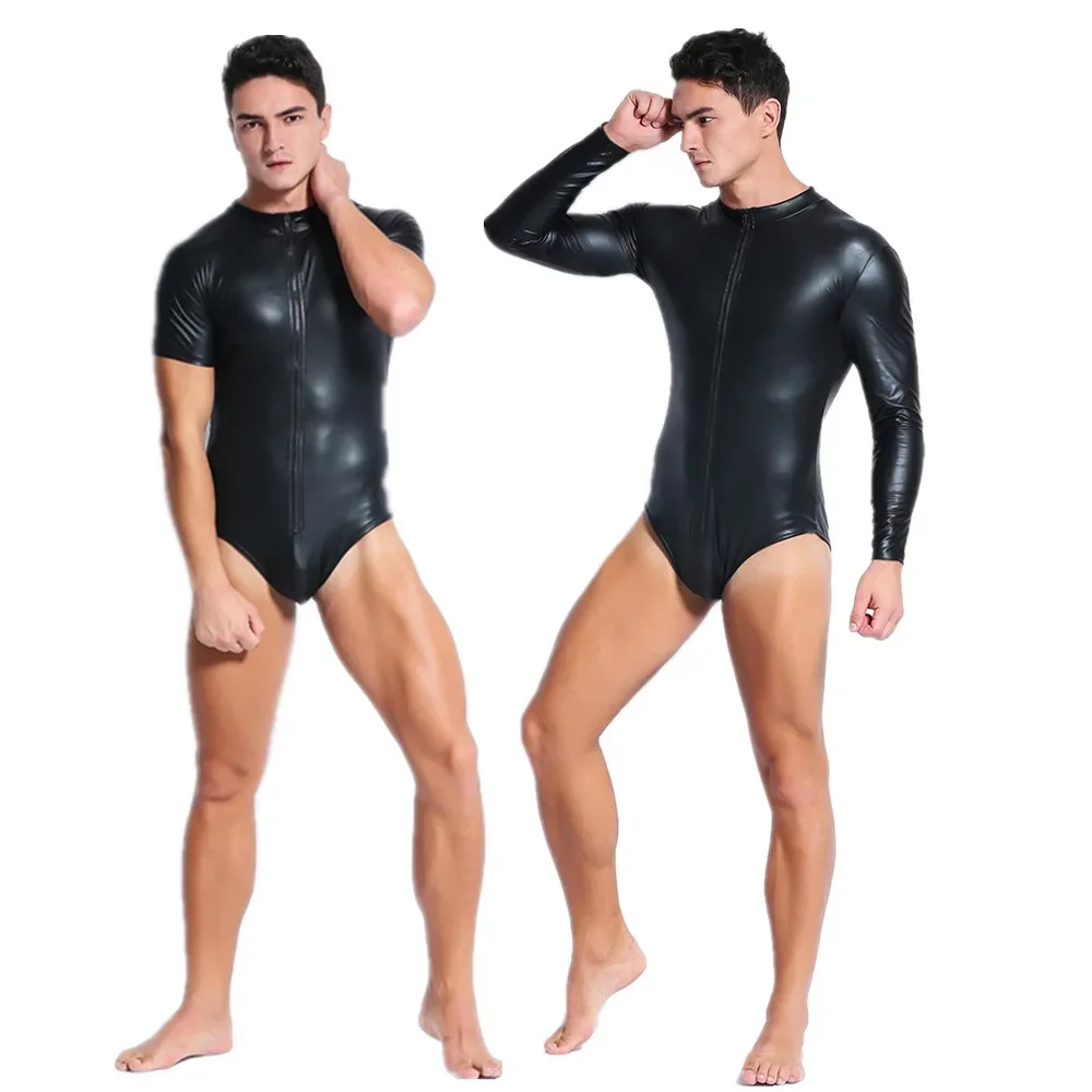 

Mens Sexy Wetlook Pu Faux Leather Fetish Exotic Teddy Lingerie Bodysuit Nightclub Jumpsuit Catsuit Costume