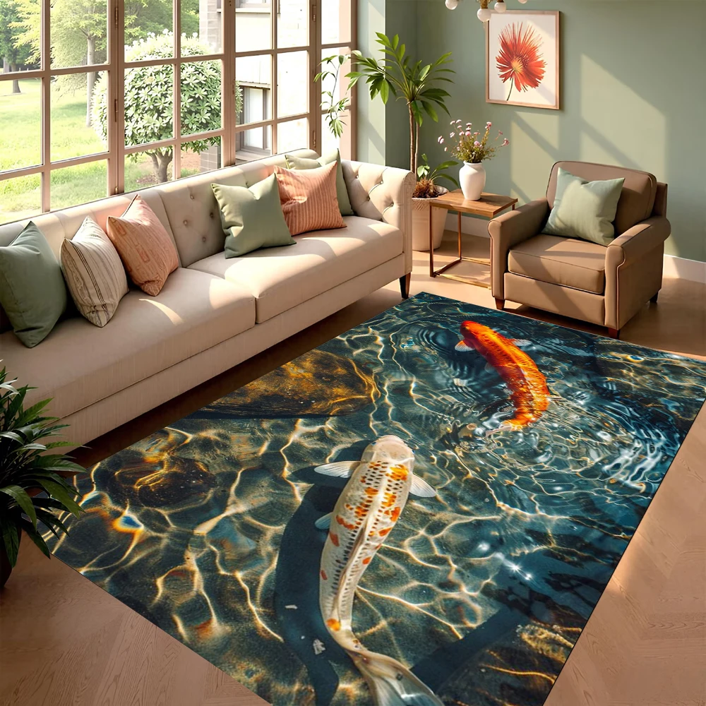 Auspicious Lifelike Serene Koi Fish Theme Decor Rug for Living Room Bedroom Study Home Decor Comfortable Non Slip Durable