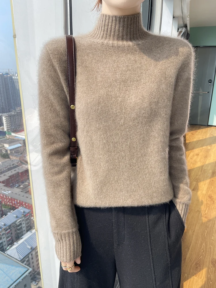 

2025 New Women 100% Merino Wool Sweater Mock-neck Pullover Autumn Winter Thick Casual Cashmere Knitwear Grace Clothing Tops