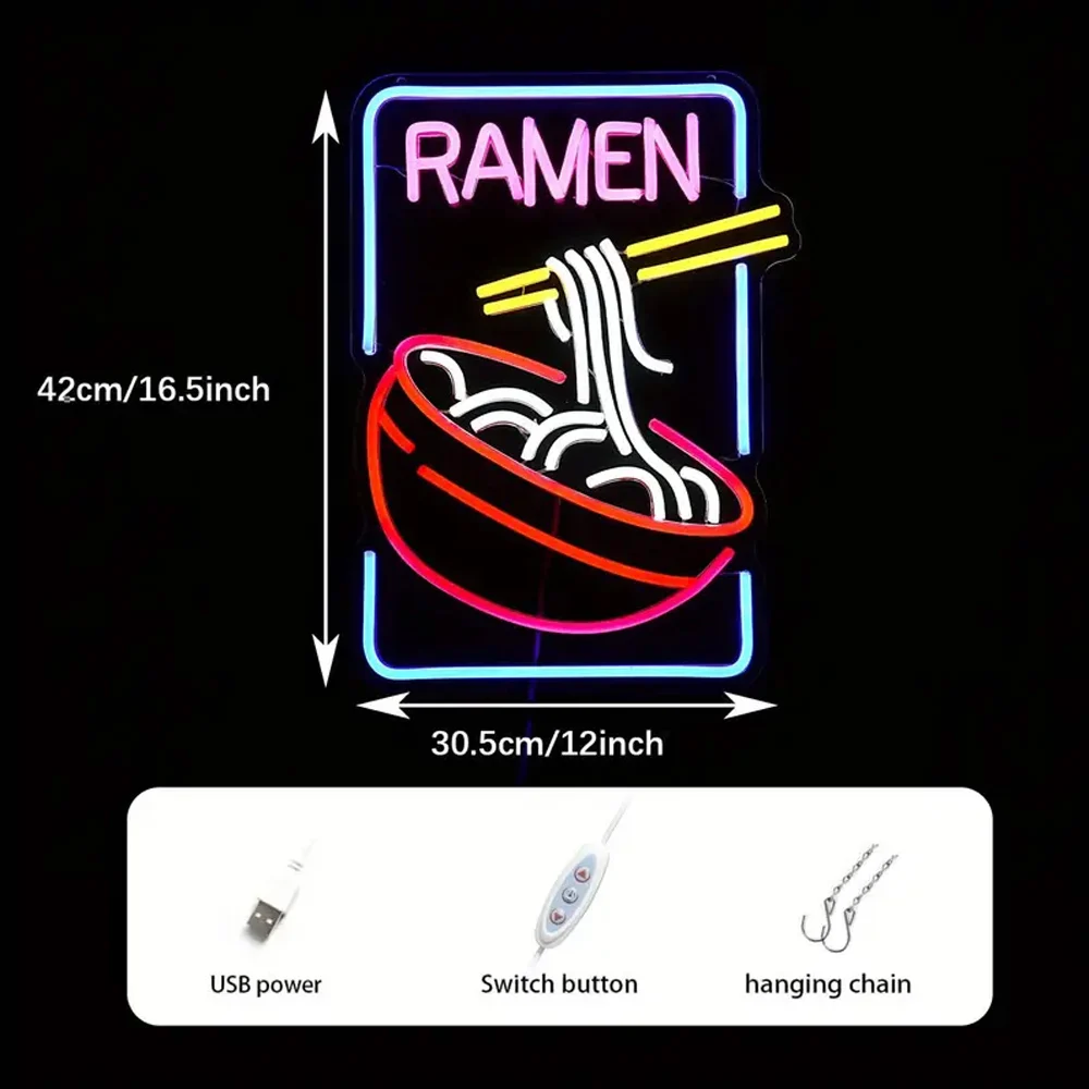 Ramen-Neonschild, LED-Wanddekoration – USB-betriebenes Neonlicht mit Schalter für Schlafzimmer – Kunst für Restaurant, Fensterdisplay, Heimdekoration