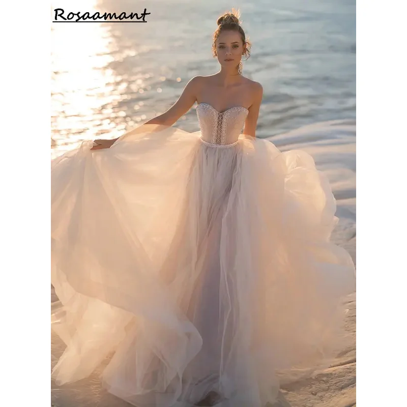 Champagne sweetheart sleepveless A-line wedding dresses beading Crystal boho country customized bridal showers