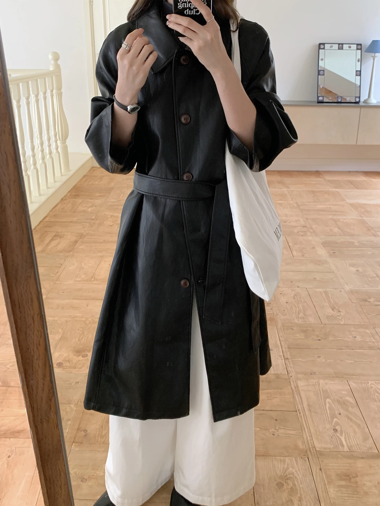 Ele Bla PU Couro Jaet Casaco Longo Feminino Gola Design Outono Inverno Vintage Elegante Sle Fixação de Botão Único