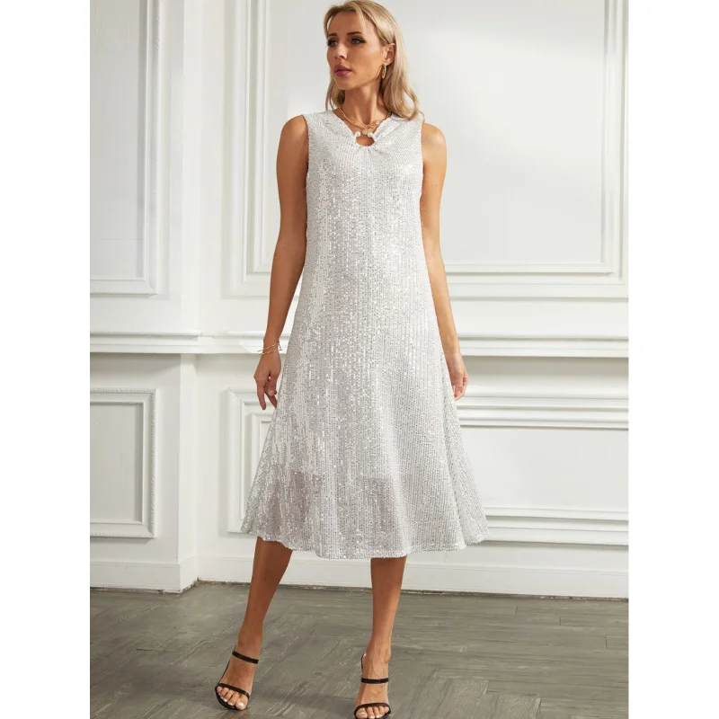 

2024 spring and summer European and American new-border foreign trade WOMEN'S fashion round neck midi beaded dress E